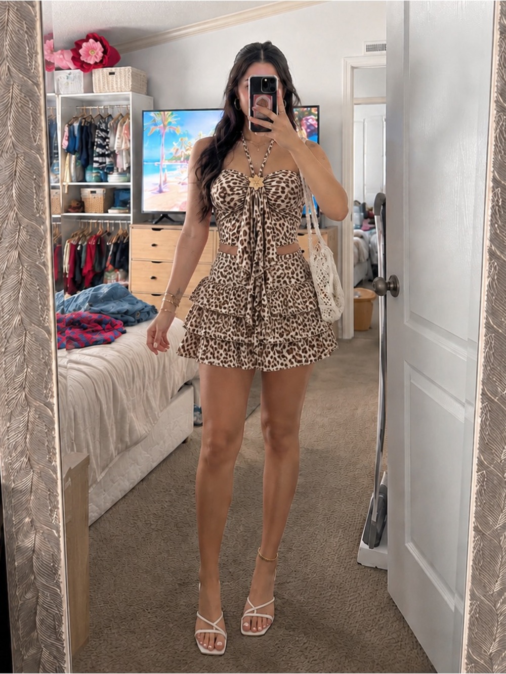 SHEIN Beige Brown Leopard Print Mini Dress with Tie Front